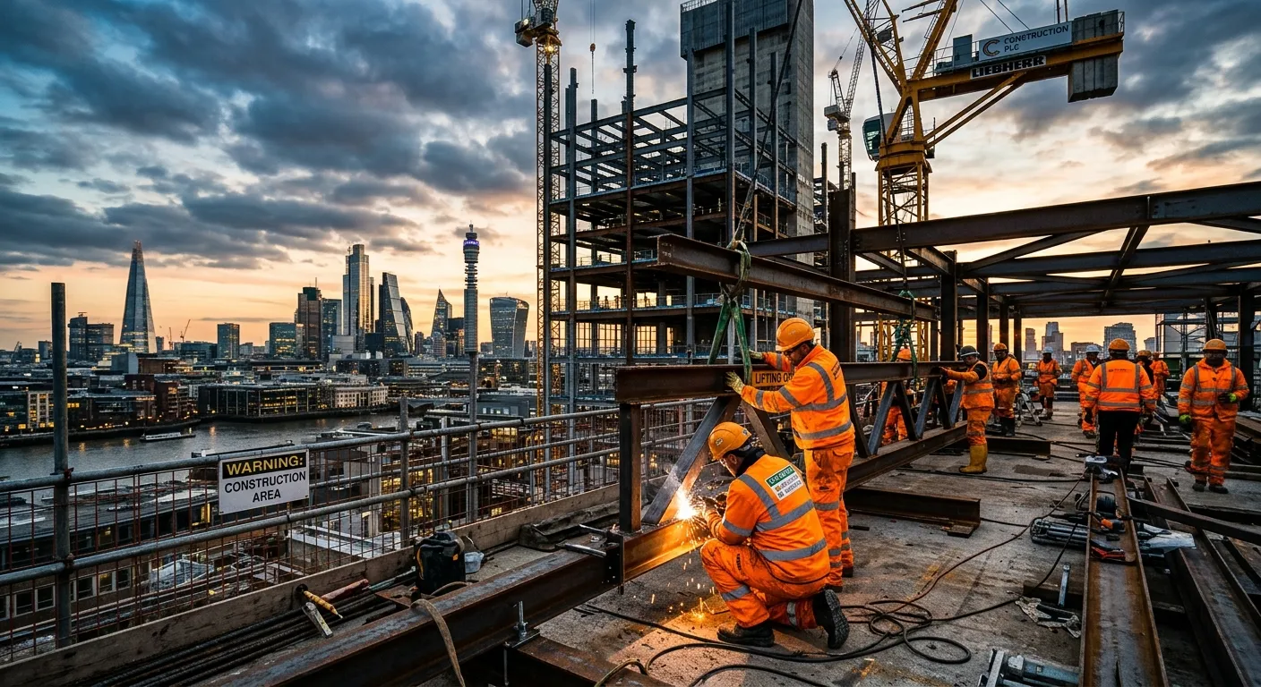 A high-contrast industrial construction site scene with labourers in amber PPE, steel beams, and a m... A high-contrast industrial construction site scene with labourers in amber PPE, steel beams, and a modern UK city skyline, bold professional mood, cinematic lighting
