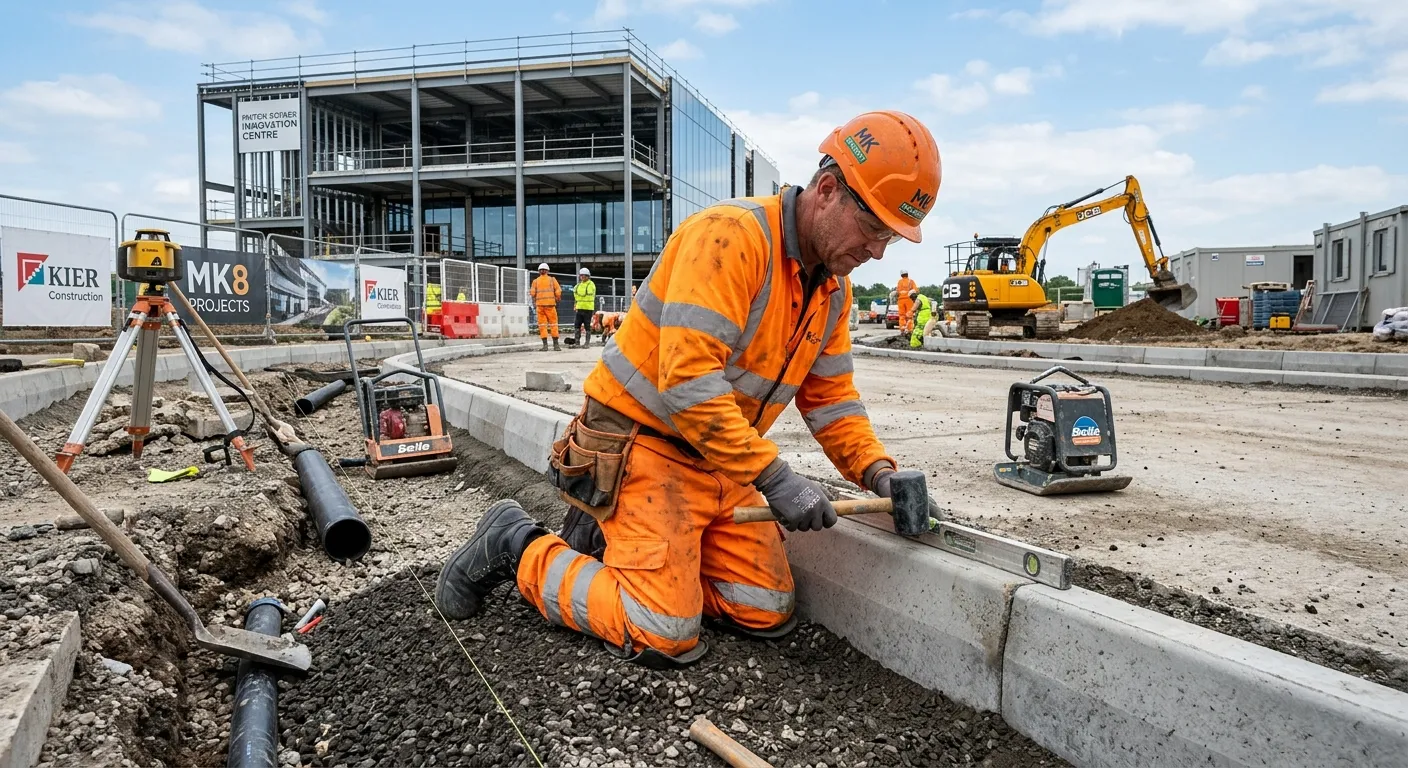 Professional industrial hero image of a UK groundworker wearing hi-vis clothing and safety boots, working on a construction site in Milton Keynes MK8 with concrete kerbs, drainage trenches, compacted sub-base, and a modern building site background; realistic, bright daylight, trustworthy and practical mood