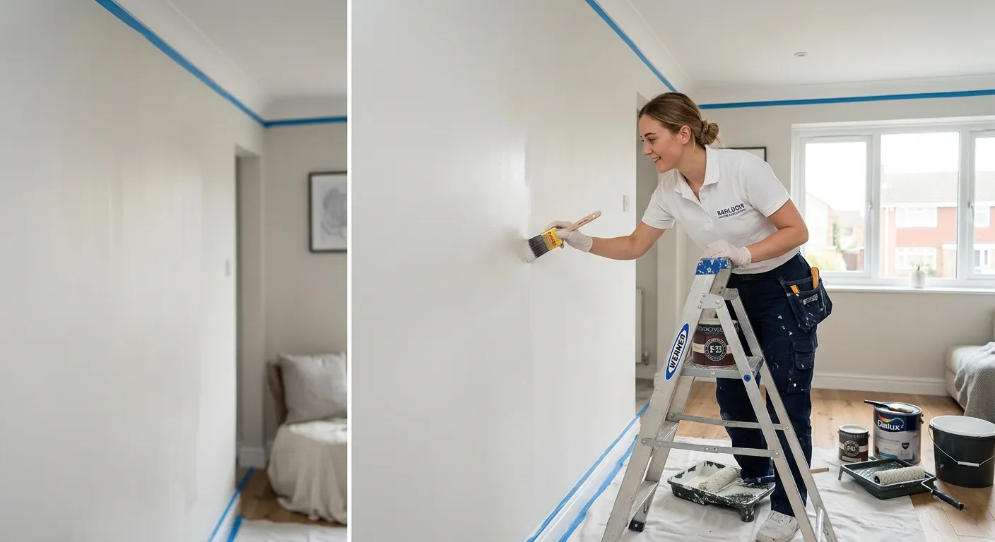 A professional, well-lit photograph of a skilled painter decorator applying a smooth, even coat of paint to an interior wall on a residential project in Basildon, showcasing attention to detail and quality tools.
