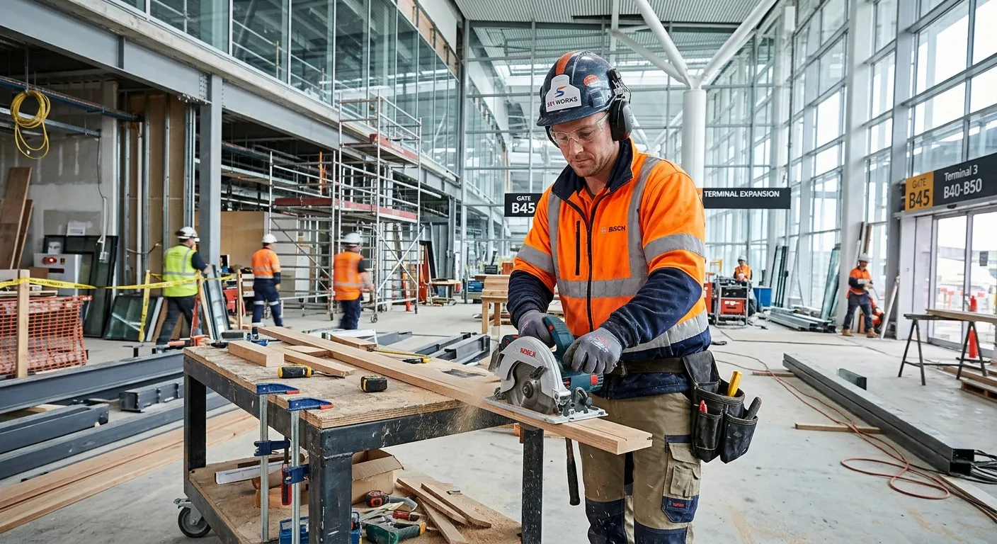 A professional, confident Joiner on a modern construction site, possibly within an airport terminal setting, wearing high-visibility gear and safety glasses, using a power tool. The image should convey skill, precision, and a busy industrial environment. Style: High-quality, realistic, professional photo.