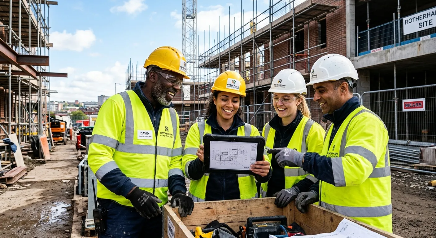A mid-shot of a diverse group of construction workers, including a skilled labourer, smiling and loo... A mid-shot of a diverse group of construction workers, including a skilled labourer, smiling and looking at plans on a tablet on a sunny Rotherham building site, with scaffolding in the background.