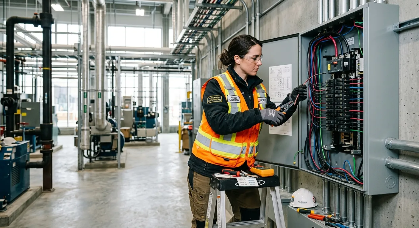 A dynamic, professional photo of a certified electrician in a high-vis vest, working on a commercial electrical panel in a well-lit industrial setting. The mood is skilled, safe, and reliable.