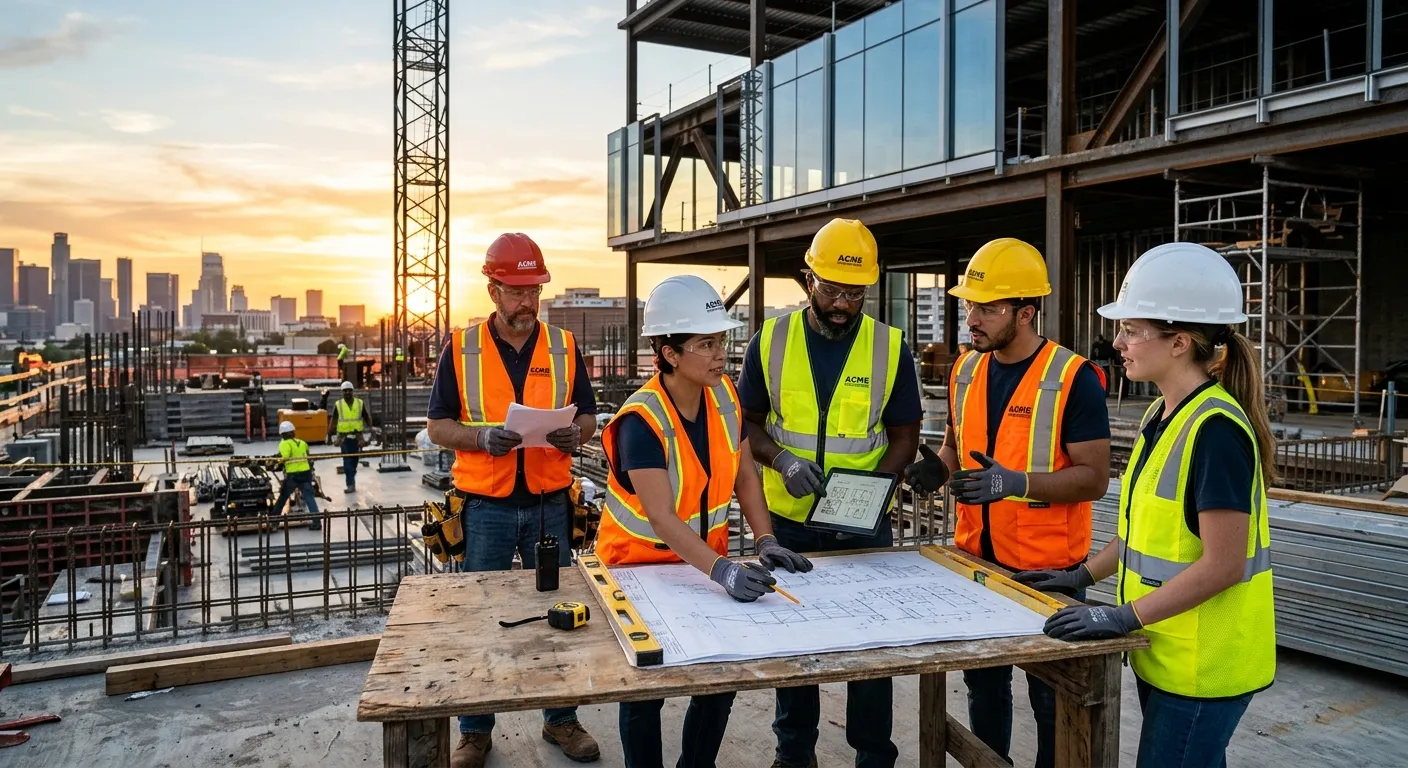 A diverse team of construction workers in high-visibility vests and hard hats collaborating on a mod... A diverse team of construction workers in high-visibility vests and hard hats collaborating on a modern building site during golden hour, showcasing teamwork, safety gear, and a dynamic, productive atmosphere.