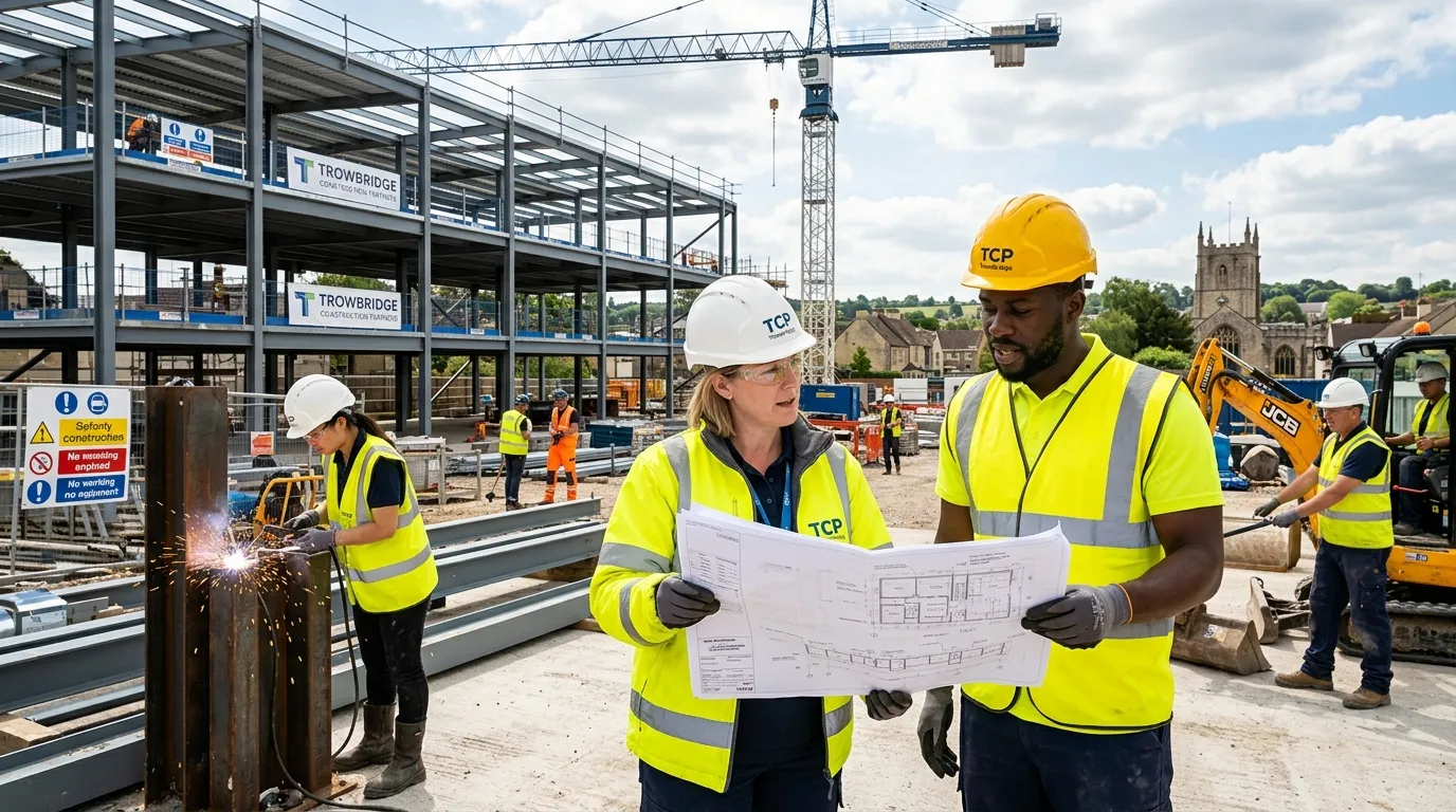 A dynamic, professional hero image featuring a diverse team of skilled workers on a modern construction site in Trowbridge, with a supervisor reviewing plans. The style is bright, optimistic, and professional, conveying collaboration and industry expertise.