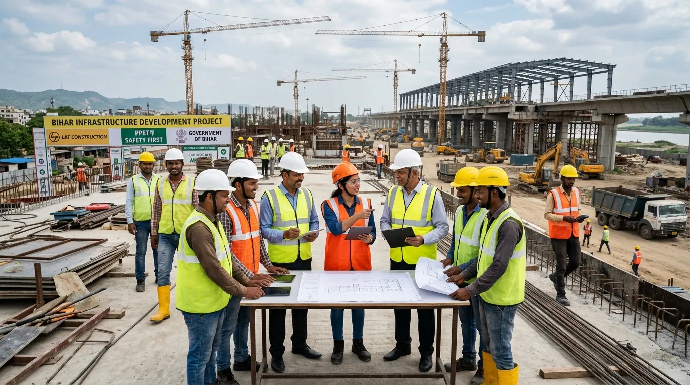 A wide, professional hero image showing a diverse group of skilled construction workers and site man... A wide, professional hero image showing a diverse group of skilled construction workers and site managers in high-visibility vests collaborating on a modern construction site in Bihar, with cranes and infrastructure in the background. The mood is industrious, reliable, and forward-looking.