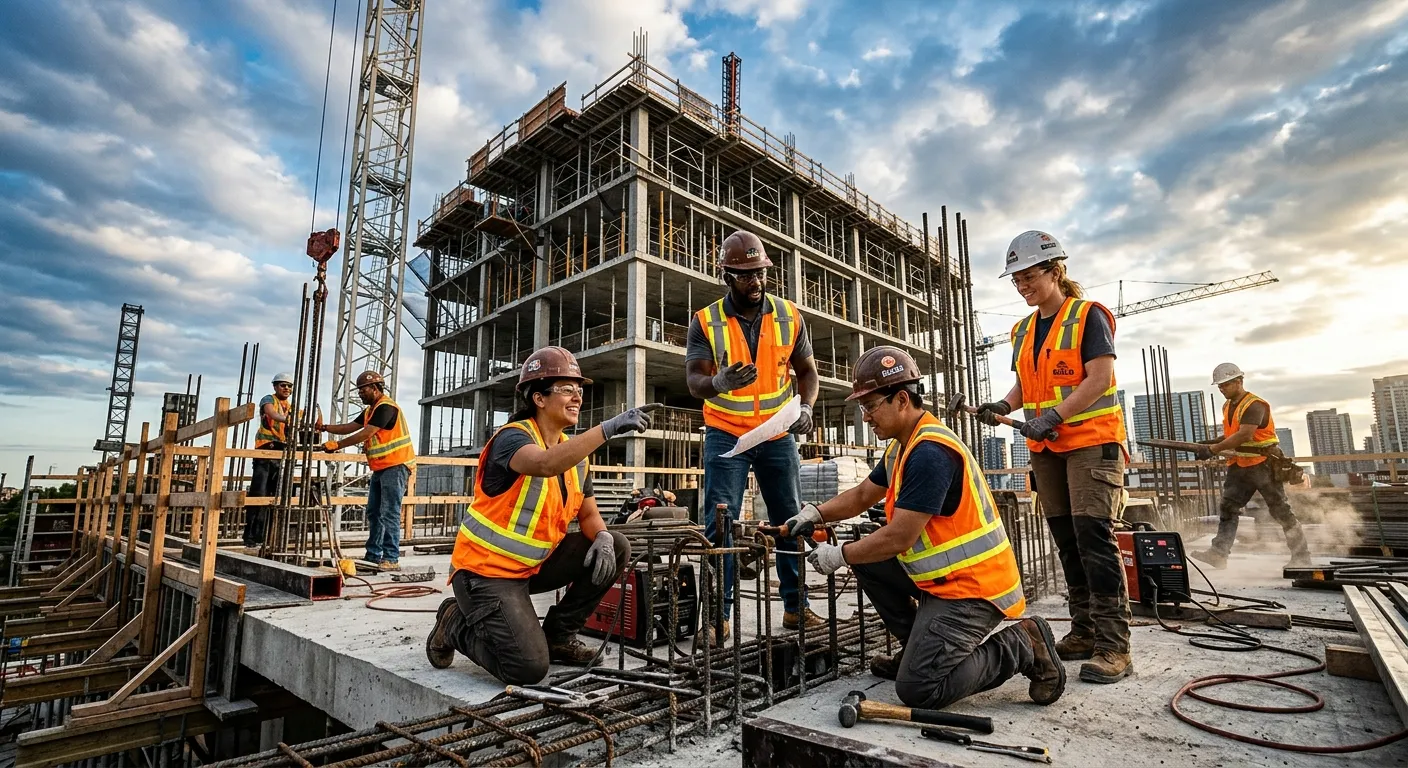 A high-contrast, professional hero image showing a diverse team of construction labourers in high-vis gear collaborating on a modern building site, shot from a low angle against a dynamic sky. Mood: Authoritative, energetic, and industrious.
