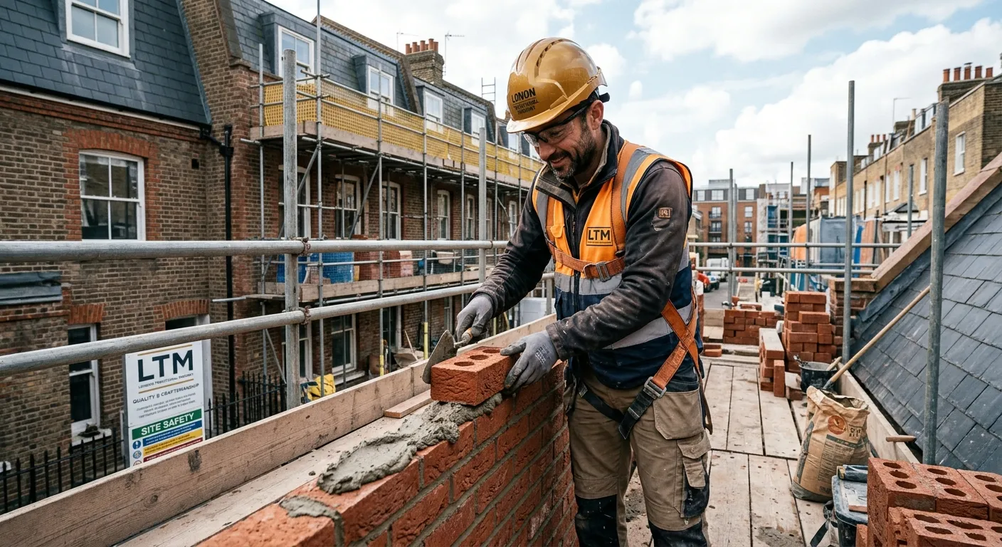 A confident London bricklayer laying red brickwork on a scaffolded townhouse, golden amber PPE, clean urban construction site, industrial slate tones, cinematic daylight, professional agency branding mood
