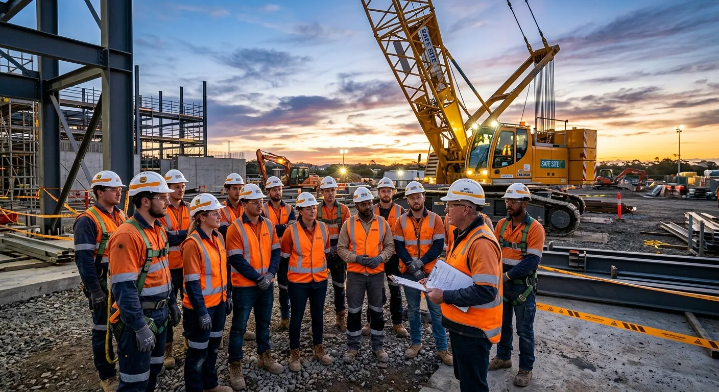 A bright, high-contrast construction site at dawn, workers in PPE receiving a briefing near a crane,... A bright, high-contrast construction site at dawn, workers in PPE receiving a briefing near a crane, professional industrial photography, safety amber accents, slate grey tones, confident and efficient mood