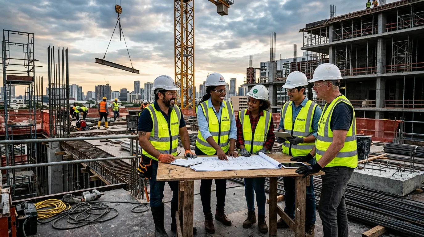 A high-contrast, professional hero image showing a diverse team of construction workers and site man... A high-contrast, professional hero image showing a diverse team of construction workers and site managers collaborating on a modern construction site. Focus on safety gear, active work, and a sense of teamwork. Mood: Confident, industrious, and reliable.