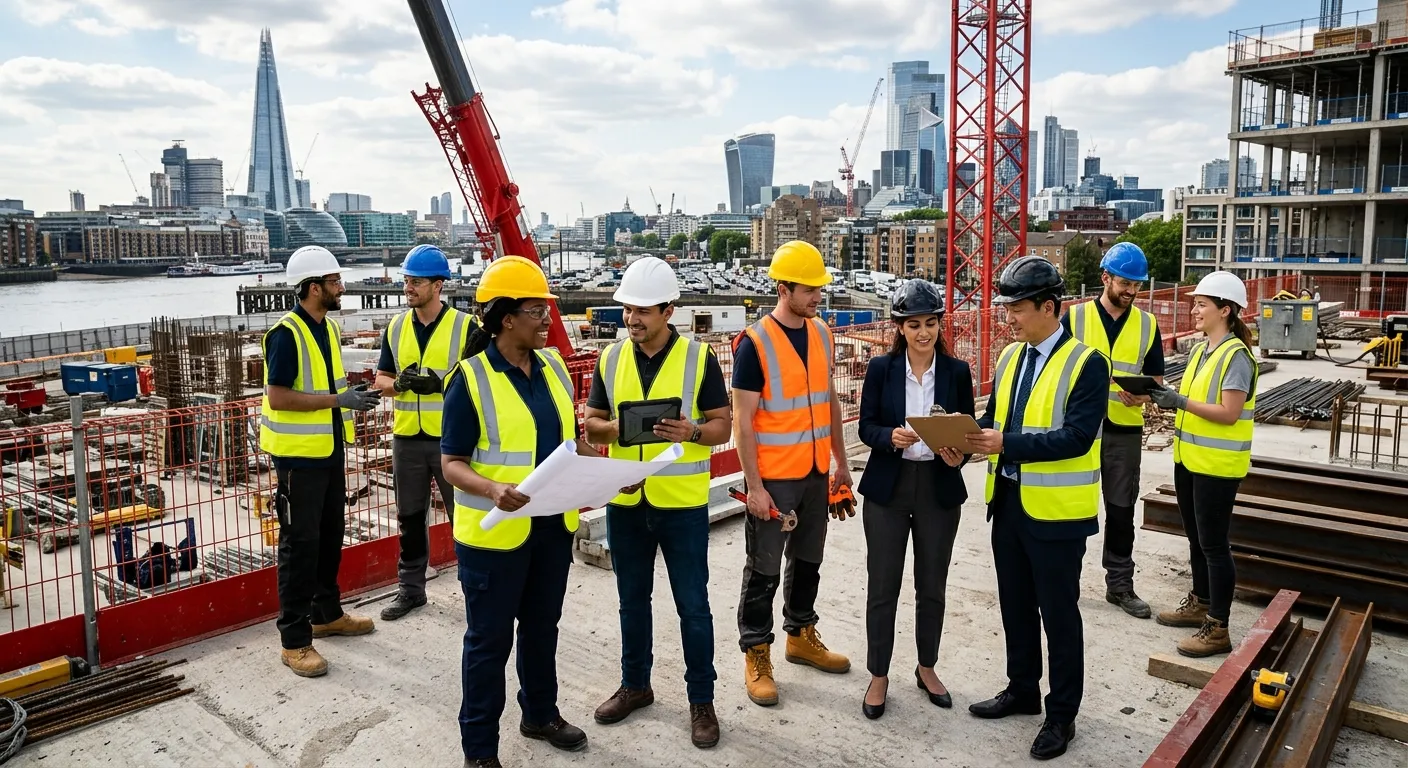 A dynamic, professional hero image showing a diverse group of skilled construction workers and offic... A dynamic, professional hero image showing a diverse group of skilled construction workers and office professionals in high-visibility gear and business attire, gathered on a modern construction site with city skyline in background. Style: Professional, aspirational, high-contrast. Mood: Confident, capable, and industrious.