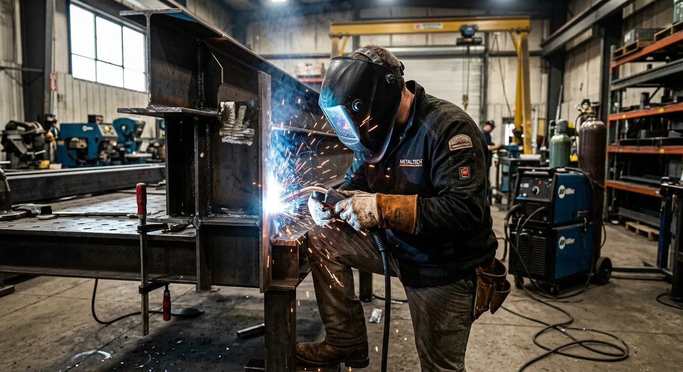 A professional fabrication welder in a workshop, skillfully welding a steel structure with bright sparks. Industrial mood, focused, high-quality safety gear.