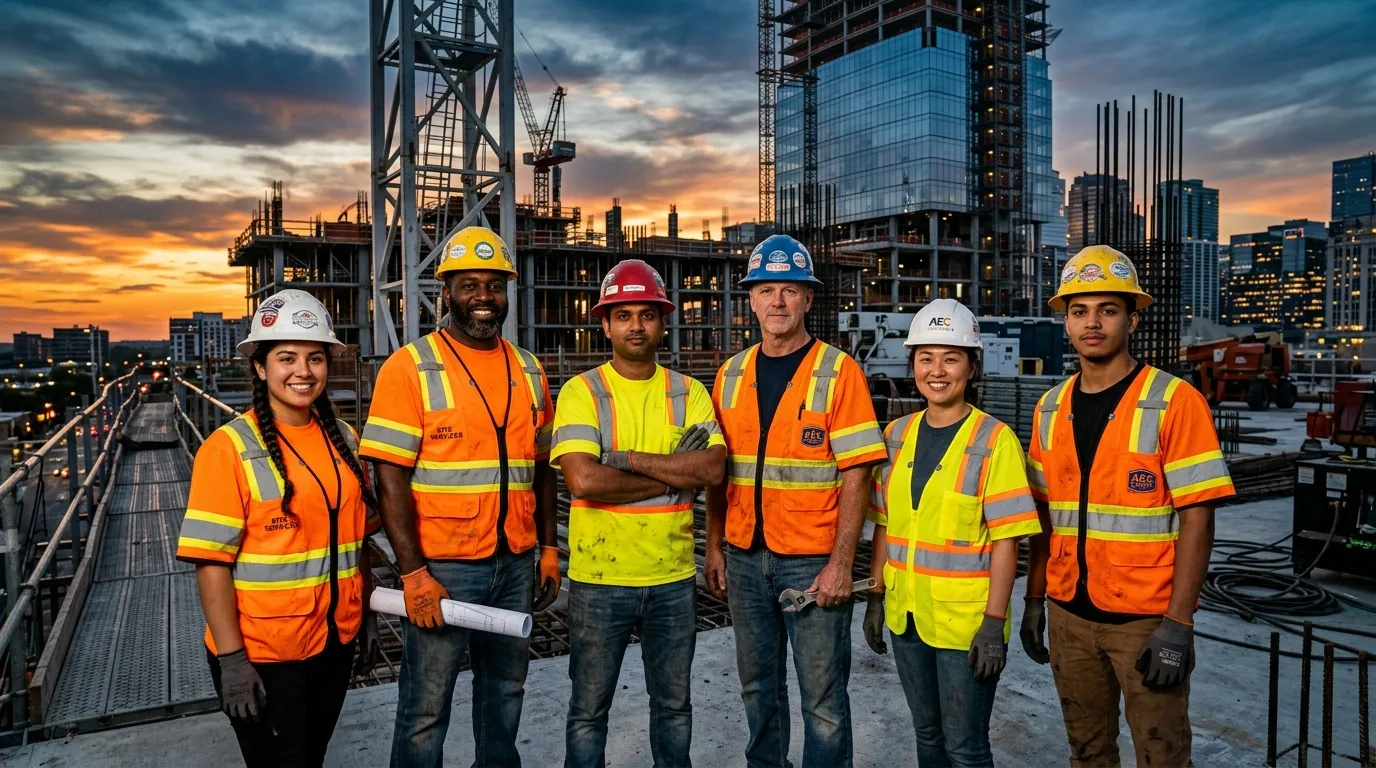 A high-contrast, professional hero image showing a diverse group of skilled labourers in high-visibility vests and hard hats, confidently standing on a modern construction site at sunset. The mood is industrious, reliable, and forward-looking.