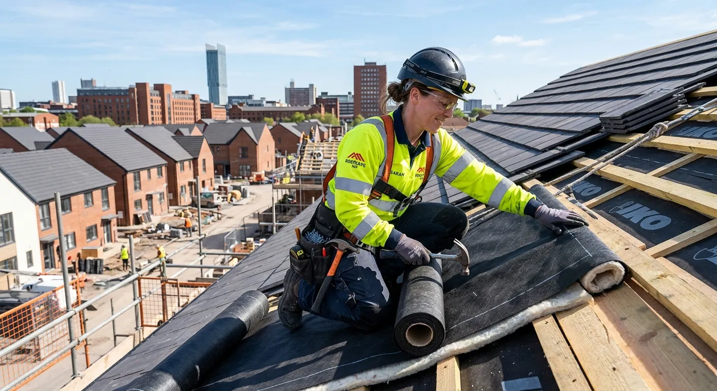 A professional, high-energy photograph of a skilled roofer in PPE, expertly fitting roofing felt on a pitched roof in Manchester. Sunny day, modern housing development in background. Mood: Skilled, reliable, and industrious.