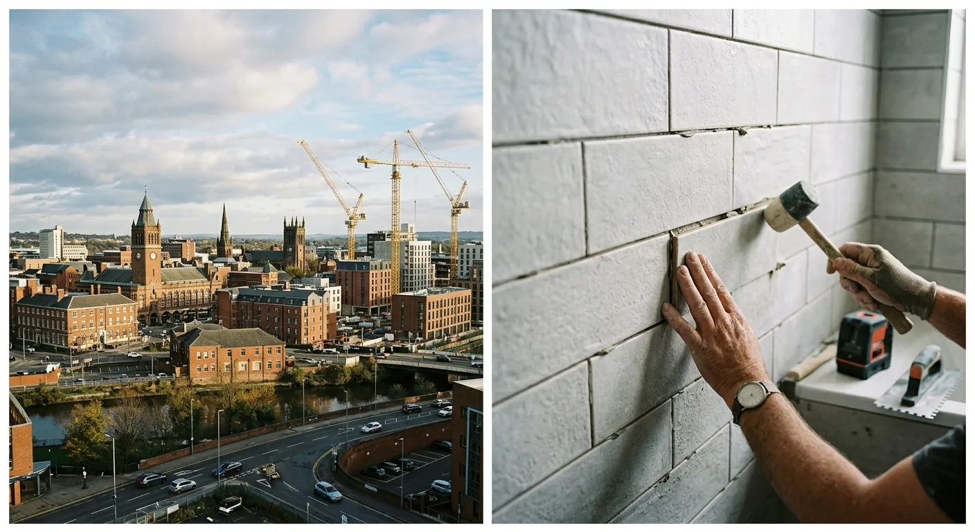 A wide-angle photo of the Warrington town centre skyline with construction cranes visible, juxtaposed with a close-up of a tiler's hands precisely setting a tile in a modern bathroom.