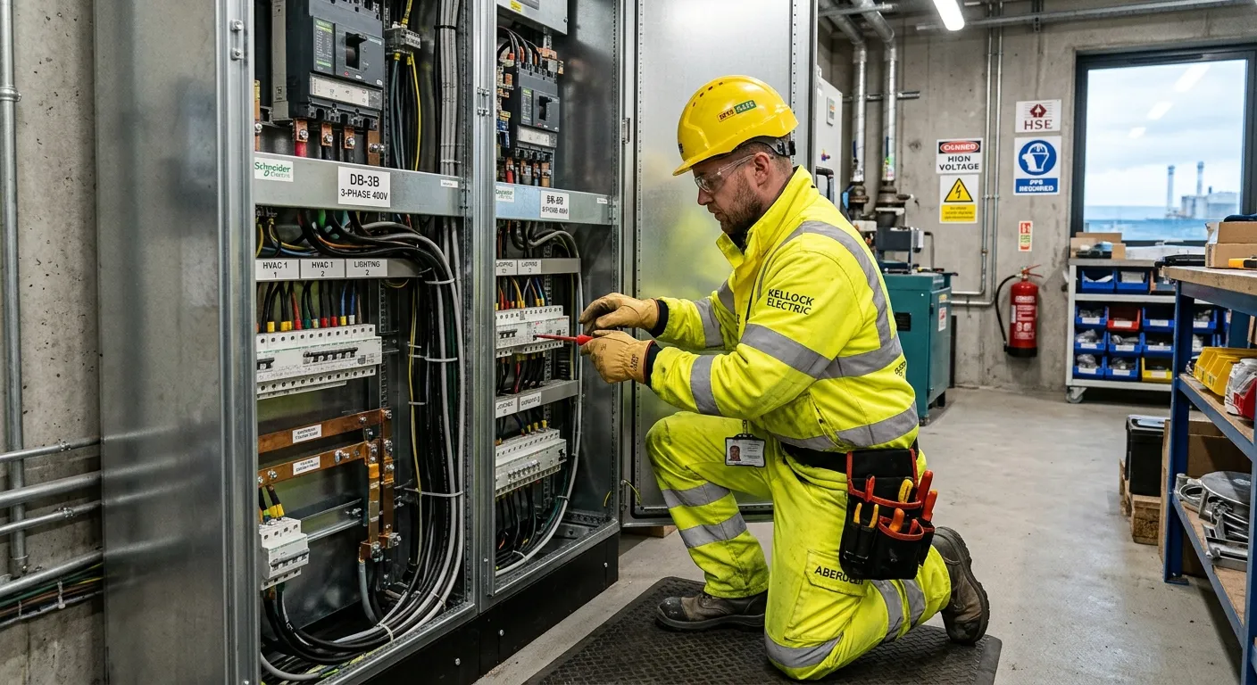 A professional Electrician in high-visibility PPE, working safely on a commercial or industrial electrical panel in an Aberdeen-based construction site or facility. The image should convey professionalism, safety, and skilled work in a modern environment.