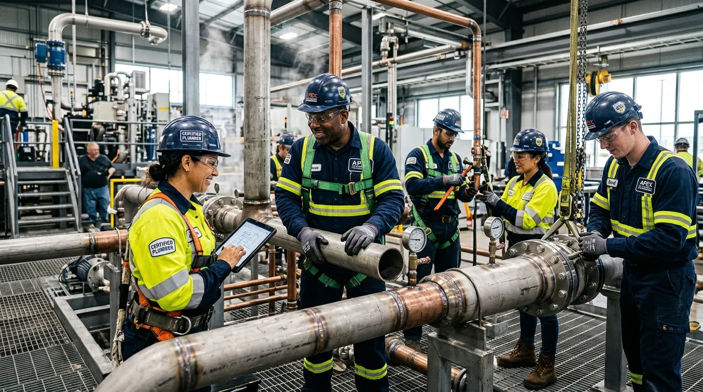 Hero image of a diverse team of certified plumbers in high-visibility gear collaborating on a commercial pipe installation in a modern industrial setting, showcasing professionalism and teamwork.