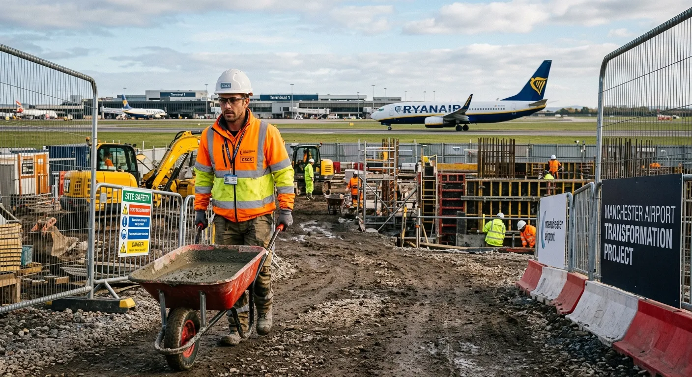 Professional photo of a CSCS Labourer in high-visibility PPE, working on a construction site at Manchester Airport, with aircraft visible in the background. The image should convey activity, safety, and a major project environment.