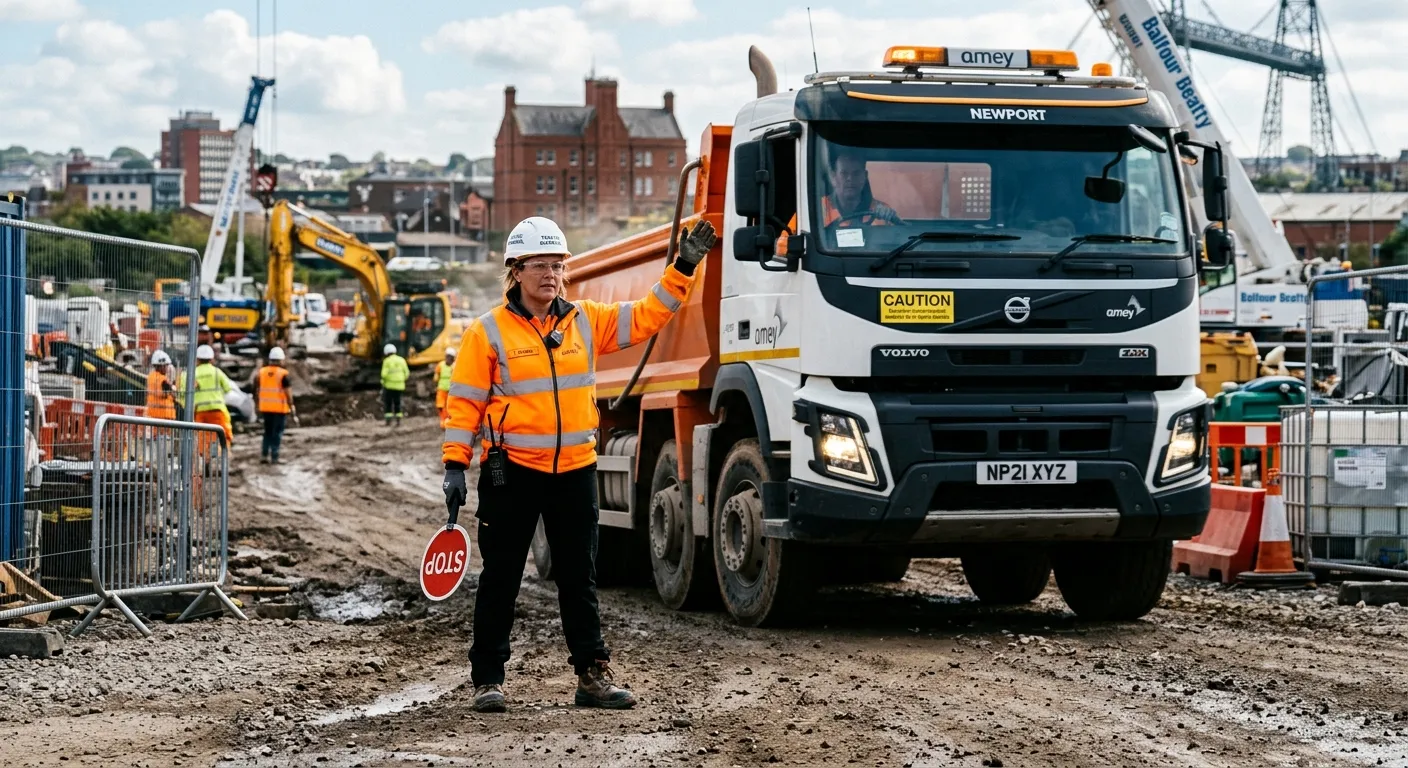 A professional, high-contrast action shot of a hi-vis clad Traffic Marshal on a busy construction site in Newport, confidently directing a large vehicle. The image should convey authority, safety, and a dynamic work environment.