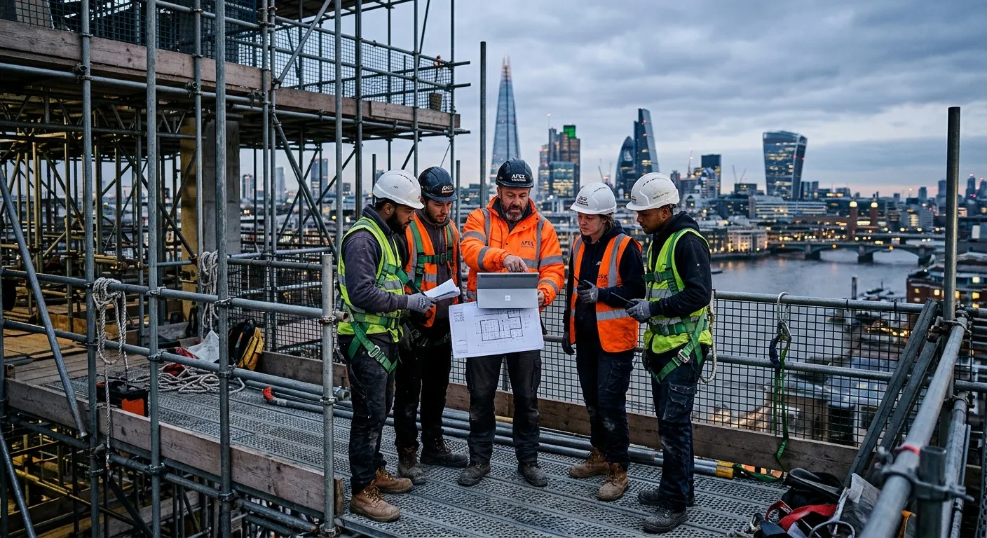 A team of scaffolders on a mid-level platform of a complex structure in an urban setting, reviewing... A team of scaffolders on a mid-level platform of a complex structure in an urban setting, reviewing plans on a tablet. The image shows collaboration and planning, with the London skyline blurred in the background.