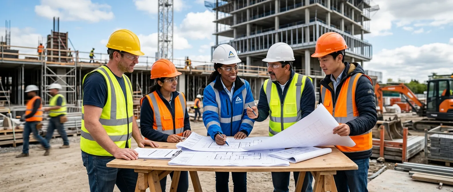 A dynamic, professional hero image showing a diverse team of construction workers and site managers in hard hats collaborating over architectural plans on a modern construction site. The mood is confident, efficient, and solution-oriented, with a focus on teamwork and industry expertise.