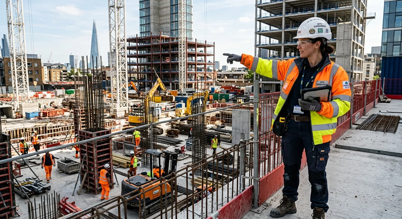 A professional, high-contrast image of a confident Site Supervisor in high-visibility clothing, over... A professional, high-contrast image of a confident Site Supervisor in high-visibility clothing, overseeing a busy, modern construction site. They are holding a tablet and pointing towards the works, with a focused expression. The mood is authoritative, safe, and efficient.