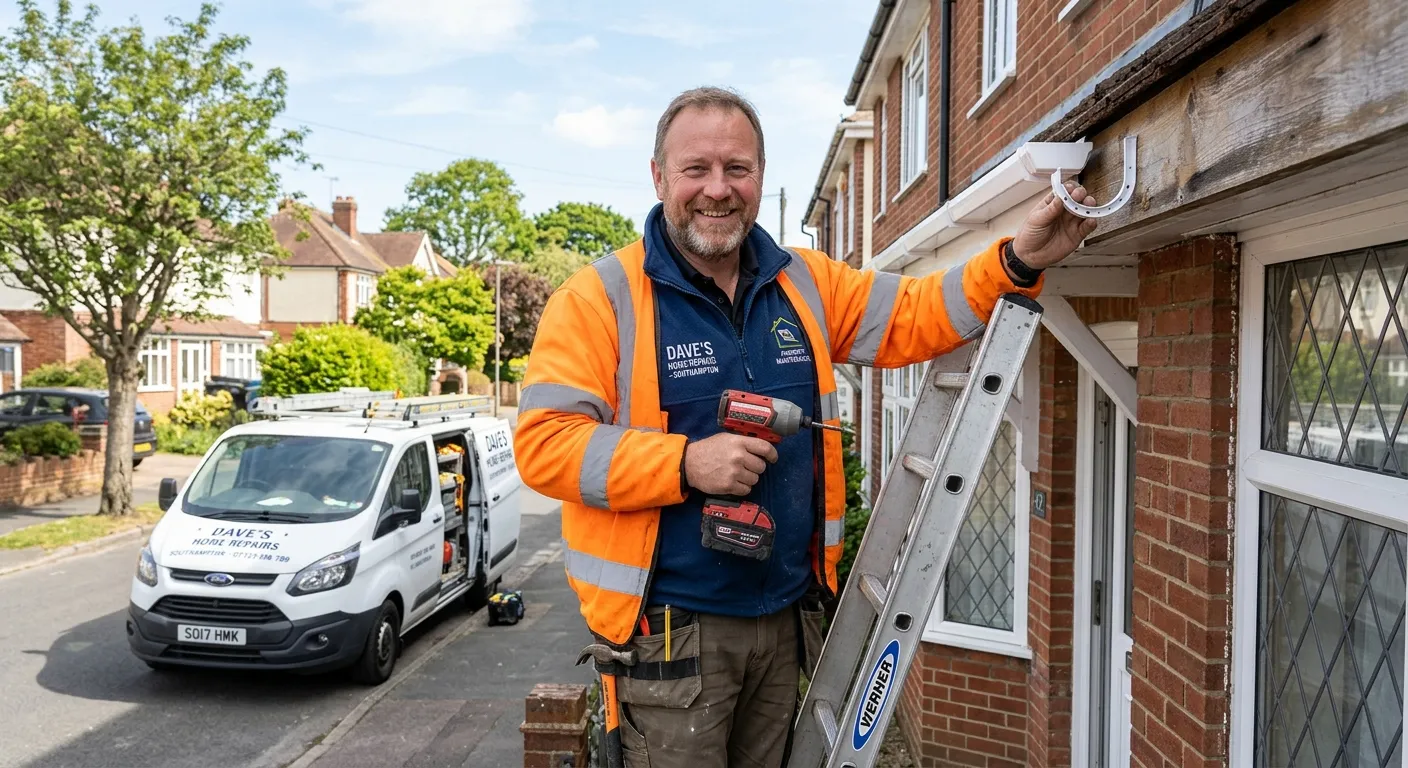 A professional, confident handyman in high-visibility clothing working on a residential property rep... A professional, confident handyman in high-visibility clothing working on a residential property repair in Southampton, smiling at the camera, with tools in hand and a van in the background. Style: Authentic, professional, bright daytime shot.