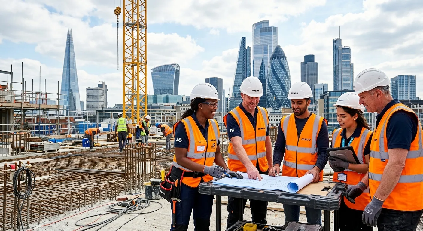 A high-energy, professional photo of a diverse team of construction workers in high-vis vests collaborating on a modern London construction site, with iconic city skyline in the background. Style: Vibrant, sharp, and inspiring.