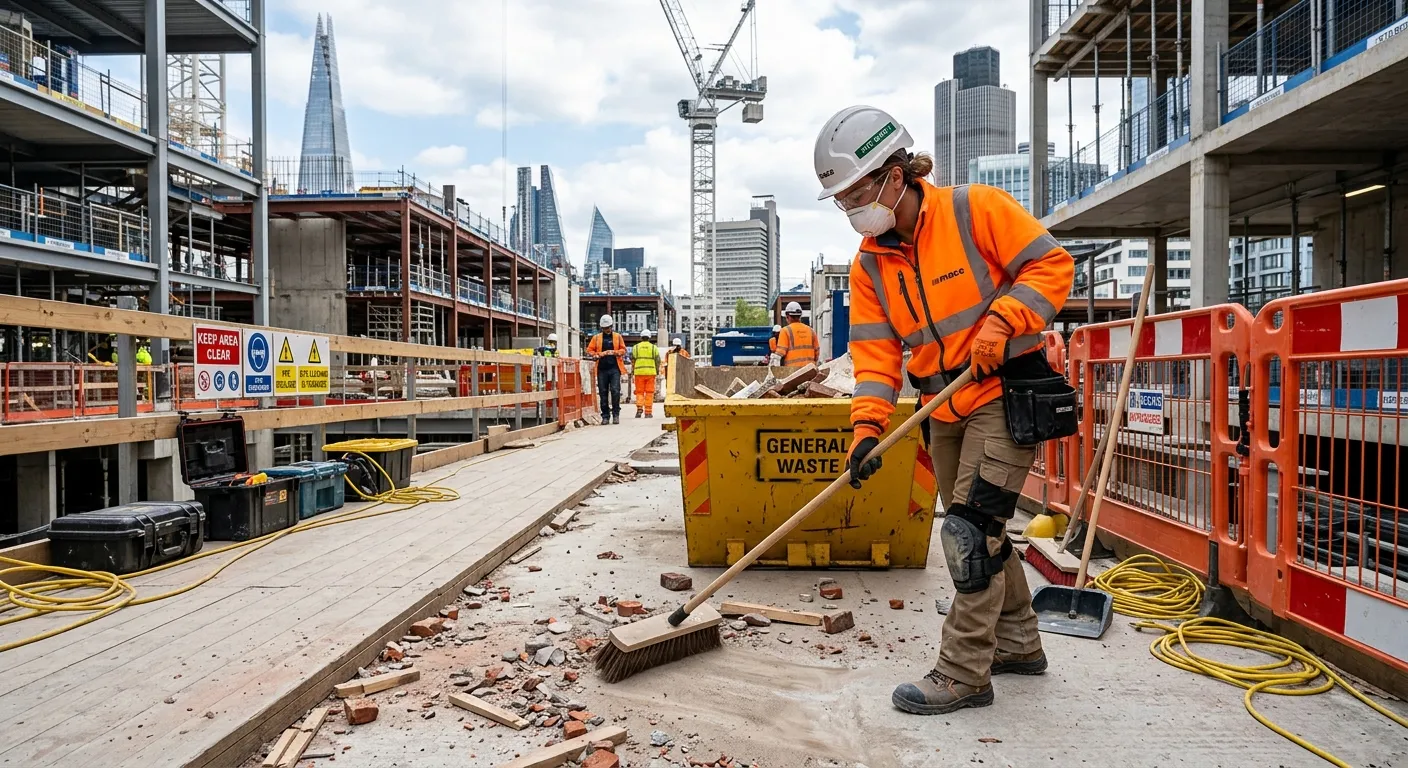 A professional, well-lit photo of a Site Cleaner in high-visibility PPE, safely clearing debris on a modern construction site in Central London. Focus on professionalism and safety equipment.