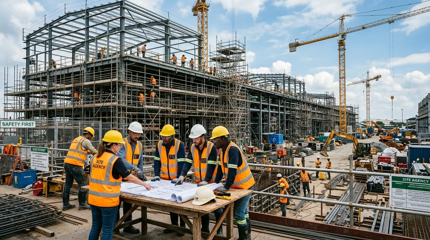 Wide industrial construction site with amber safety vests, steel scaffolding, workers collaborating,... Wide industrial construction site with amber safety vests, steel scaffolding, workers collaborating, professional trustworthy agency mood