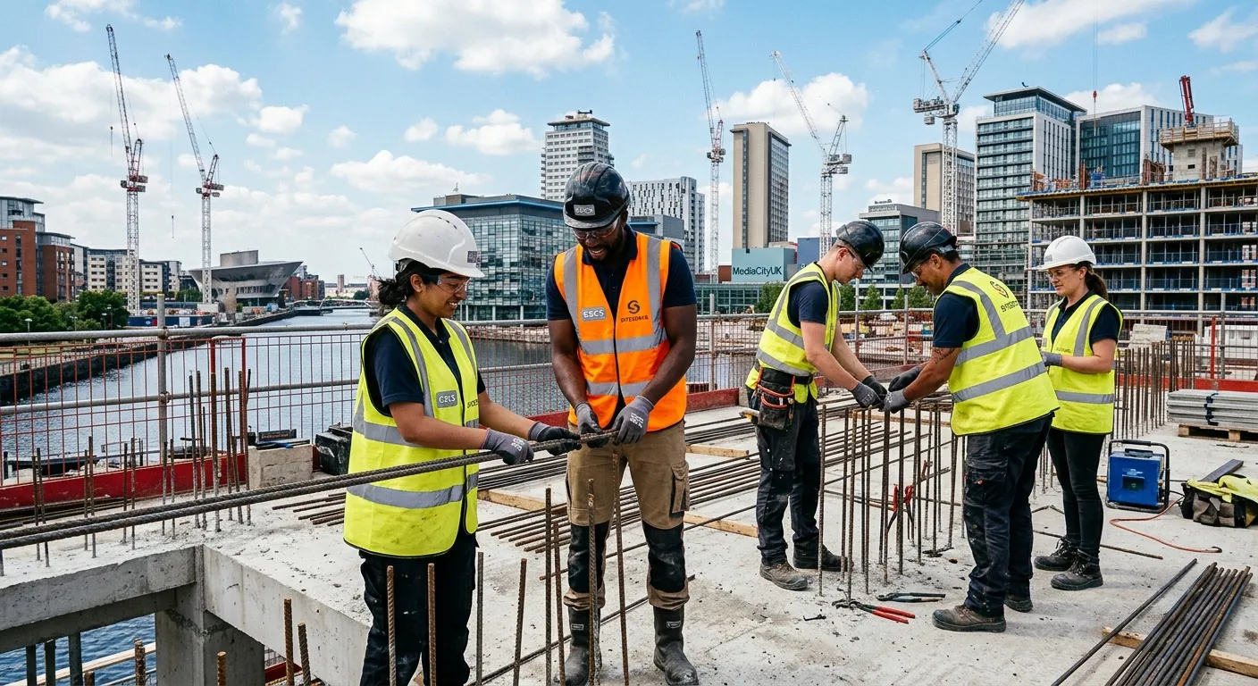 A professional, high-energy photo of a diverse group of CSCS Labourers in high-visibility vests work... A professional, high-energy photo of a diverse group of CSCS Labourers in high-visibility vests working collaboratively on a modern construction site in Salford Quays, with cranes and new buildings in the background. The image should convey teamwork, safety, and industrial progress.