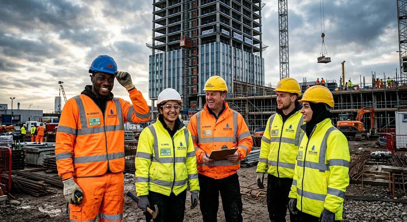 A high-contrast, professional photo of a diverse team of CSCS-certified construction labourers on a busy, modern UK construction site, wearing hi-vis and hard hats, looking engaged and ready for work. Industrial, focused mood.