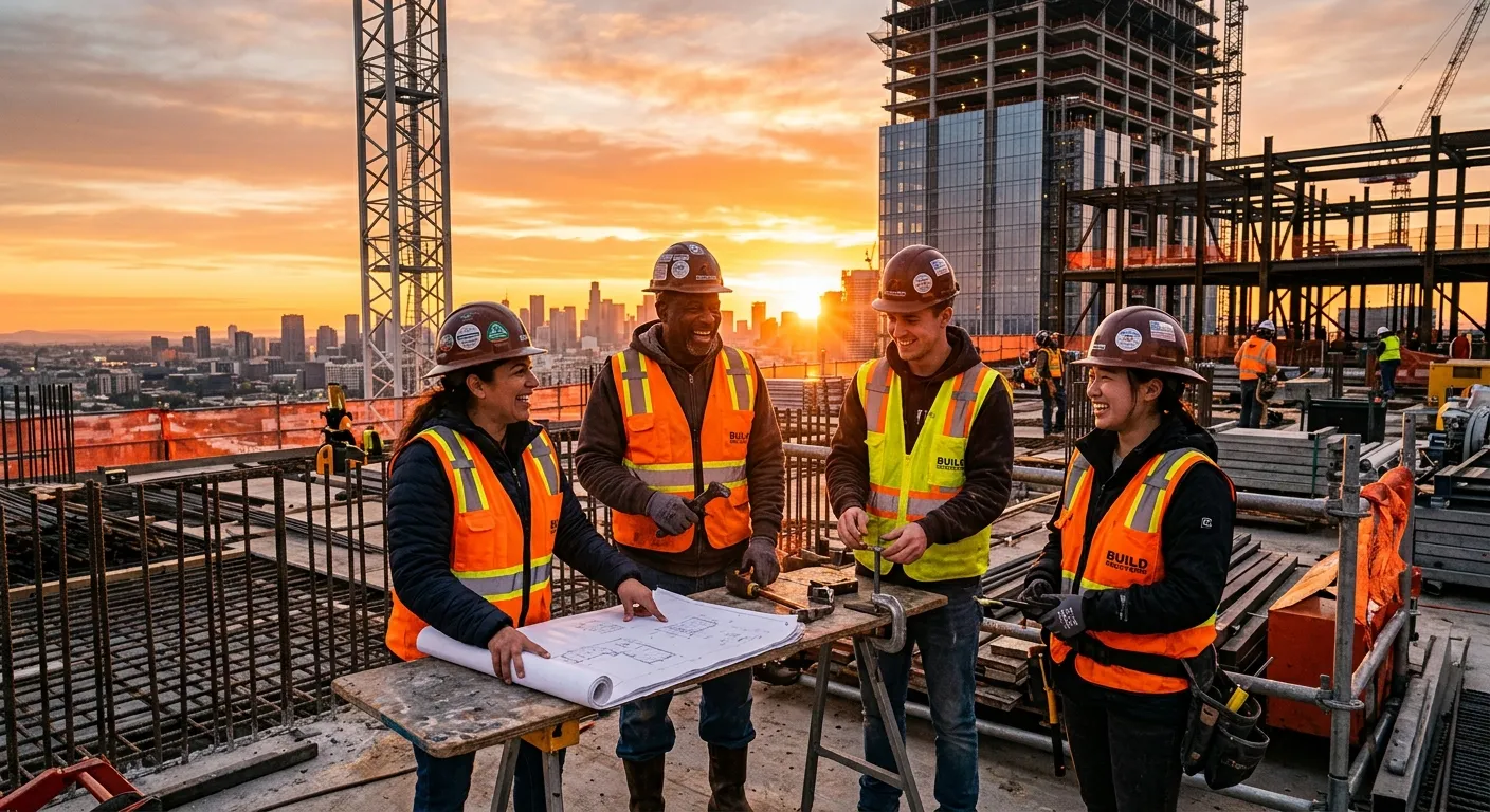 A dynamic, high-contrast photo of a diverse group of skilled construction labourers collaborating on... A dynamic, high-contrast photo of a diverse group of skilled construction labourers collaborating on a modern building site at sunrise. They are smiling, wearing high-visibility vests and hard hats, conveying teamwork, reliability, and readiness. Style: Professional, inspiring, with warm amber highlights.