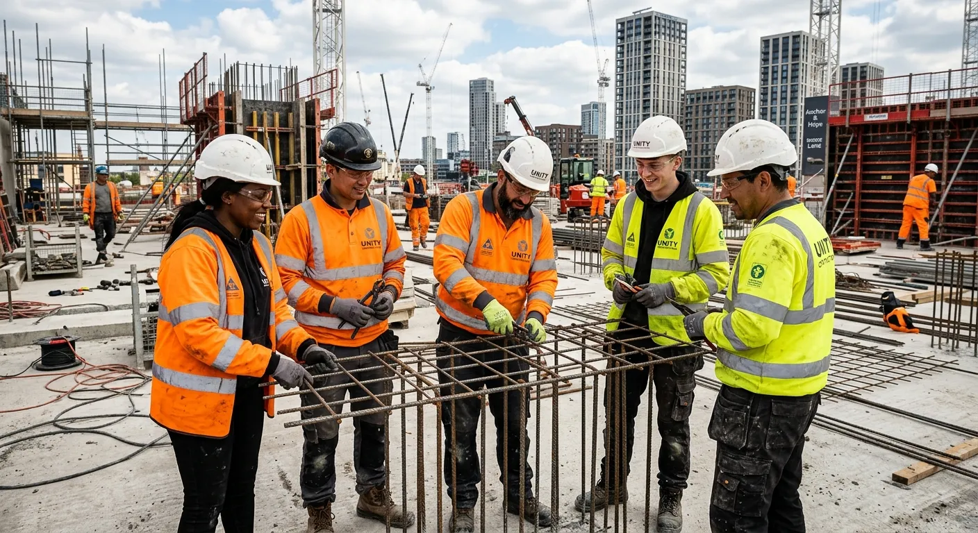 Professional, high-energy photograph of a diverse team of construction labourers on a busy, modern s... Professional, high-energy photograph of a diverse team of construction labourers on a busy, modern site in Barking, wearing hi-vis PPE and collaborating on a task. Style: authentic, modern construction, mood: industrious and team-oriented.
