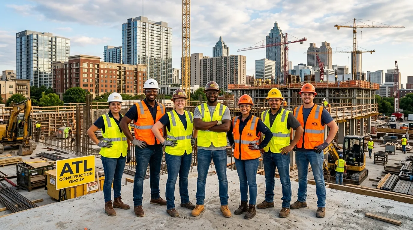 Hero image of a diverse, professional construction crew in high-visibility vests standing confidently on a modern Atlanta construction site, with cranes and mid-rise buildings in the background. Style: Professional, inspiring, and dynamic.