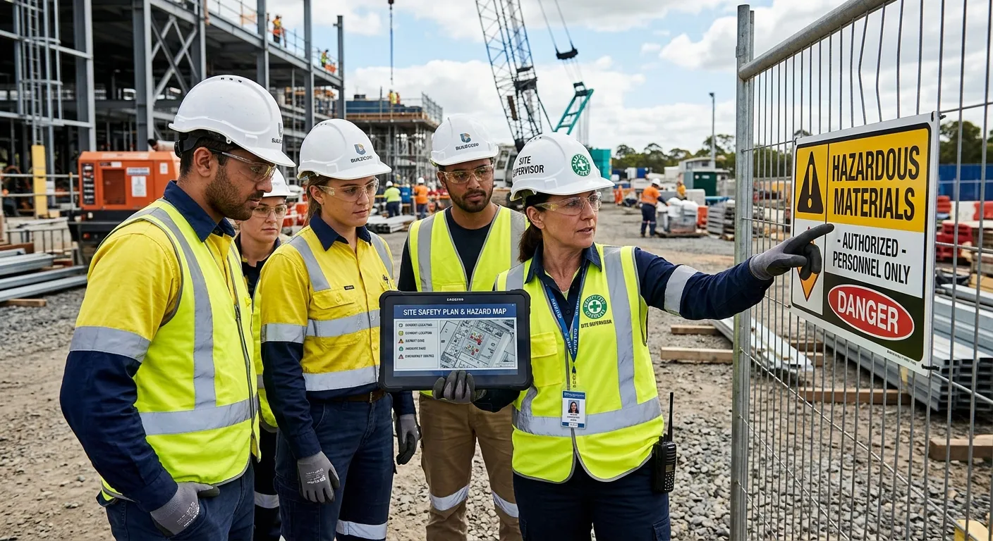 A group of construction labourers in high-visibility vests and PPE, attentively reviewing site safety plans on a tablet, with a supervisor pointing to a hazardous materials warning sign. Style: professional, sharp focus, mood of vigilance and competence.