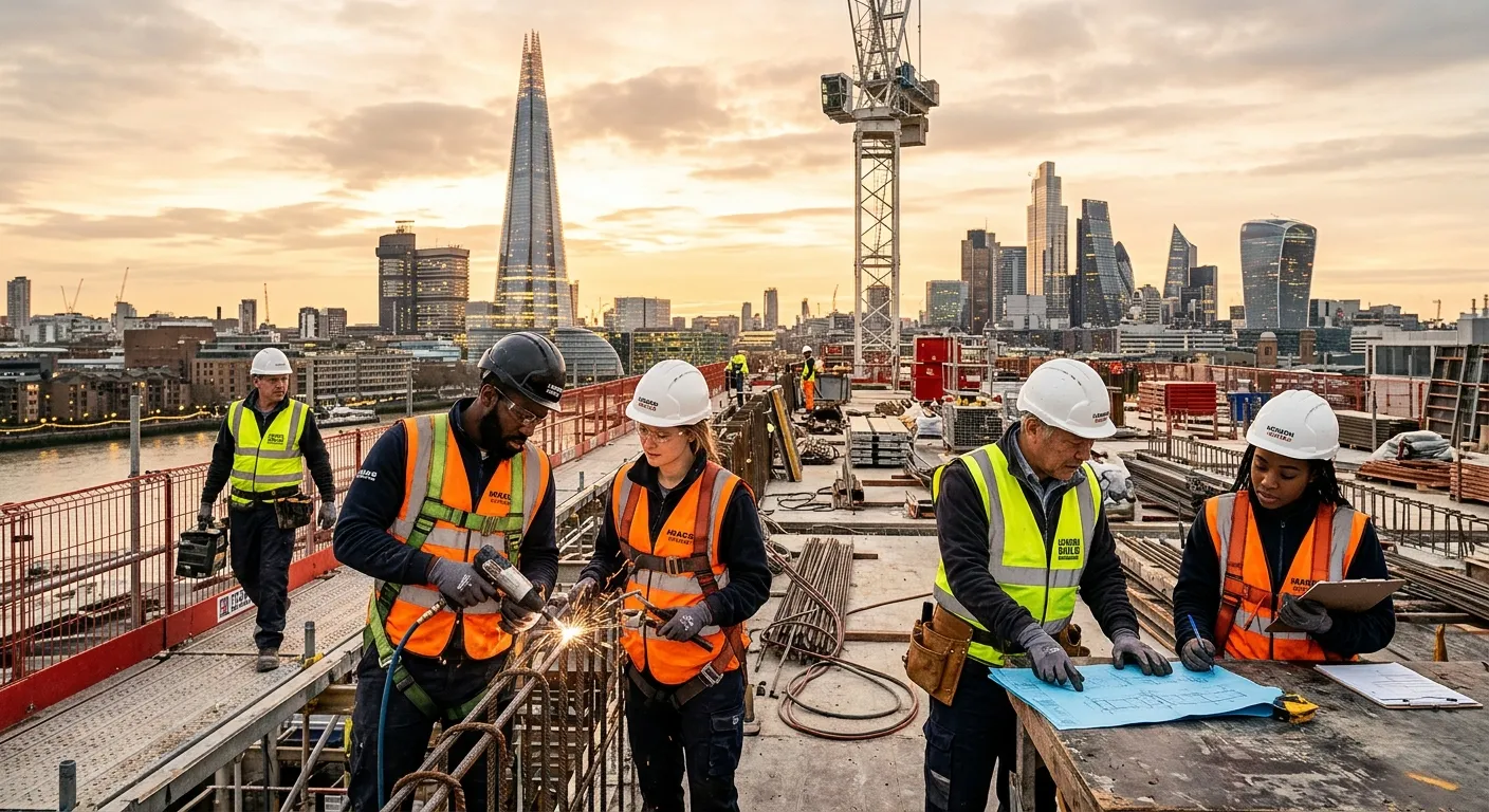 Dynamic, professional photo of a diverse group of construction and industrial workers in high-visibility vests on a modern London construction site, with the Shard or Canary Wharf in the background, shot during golden hour. Mood: Busy, skilled, and reliable.