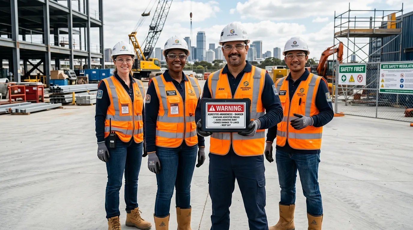A modern, high-contrast hero image showing a diverse group of construction professionals in high-visibility vests and safety gear, looking confidently at the camera on a clean, organised industrial site. One holds a tablet displaying an asbestos warning sign. Style: Professional, sharp, safety-focused. Mood: Authoritative, trustworthy, and proactive.