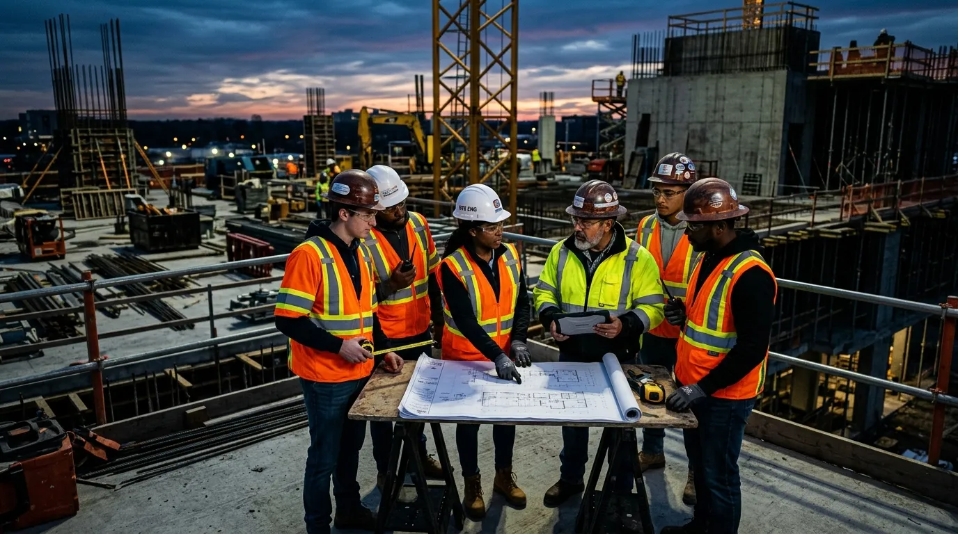 A high-contrast, professional hero image showing a diverse team of construction workers in high-visibility gear collaborating on a modern construction site, with a focus on safety and teamwork. Moody, early morning lighting with sharp focus.