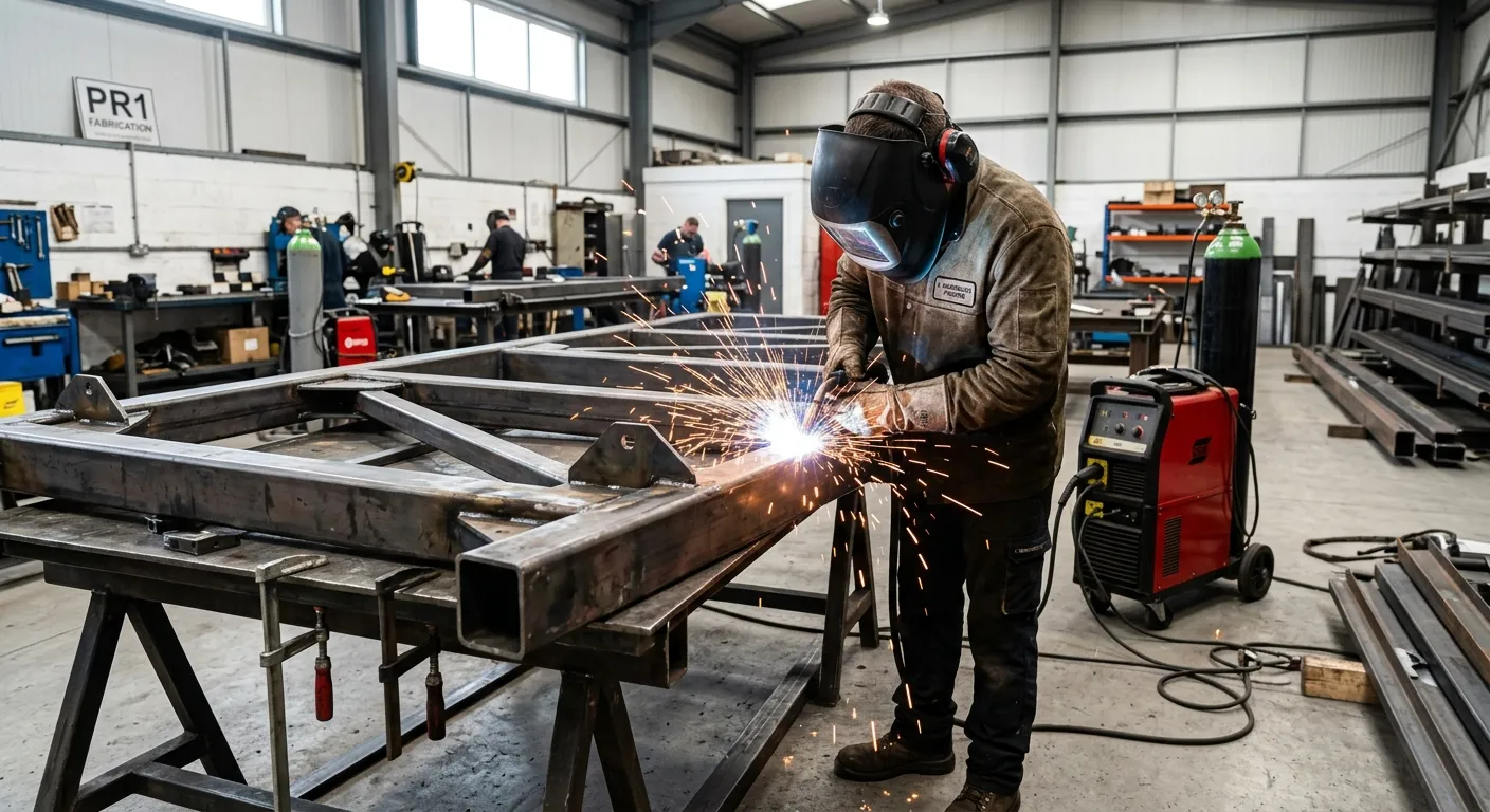 A professional industrial photograph of a Welder / Fabricator in Preston PR1 working in a clean fabrication workshop, wearing PPE, MIG welding steel frames, sparks visible, local construction style, realistic UK workplace, bright and trustworthy mood