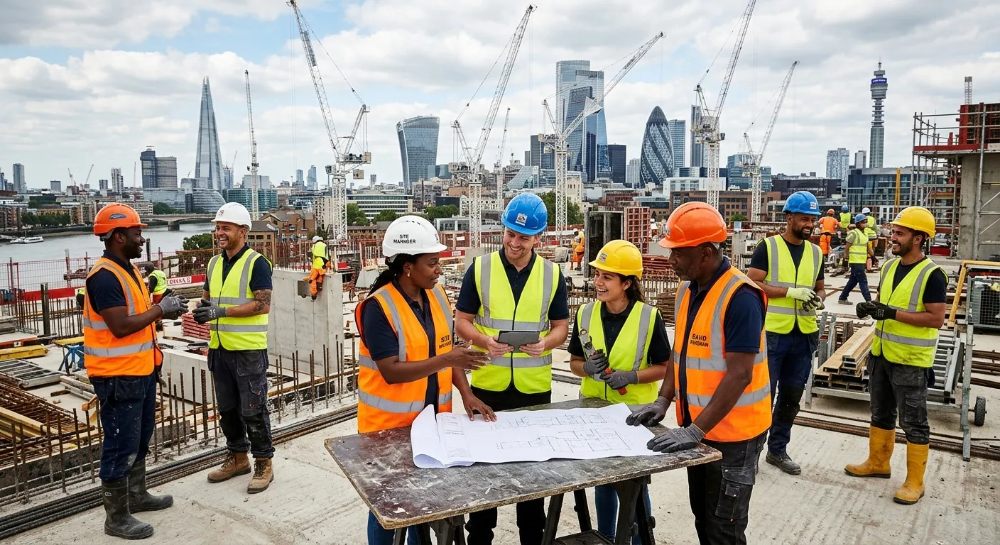 A high-energy, professional photo of a diverse team of construction labourers and site managers on a... A high-energy, professional photo of a diverse team of construction labourers and site managers on a modern London construction site, wearing high-visibility gear and hard hats, collaborating against a backdrop of iconic London skyline cranes. Mood: Dynamic, trustworthy, and industrious.