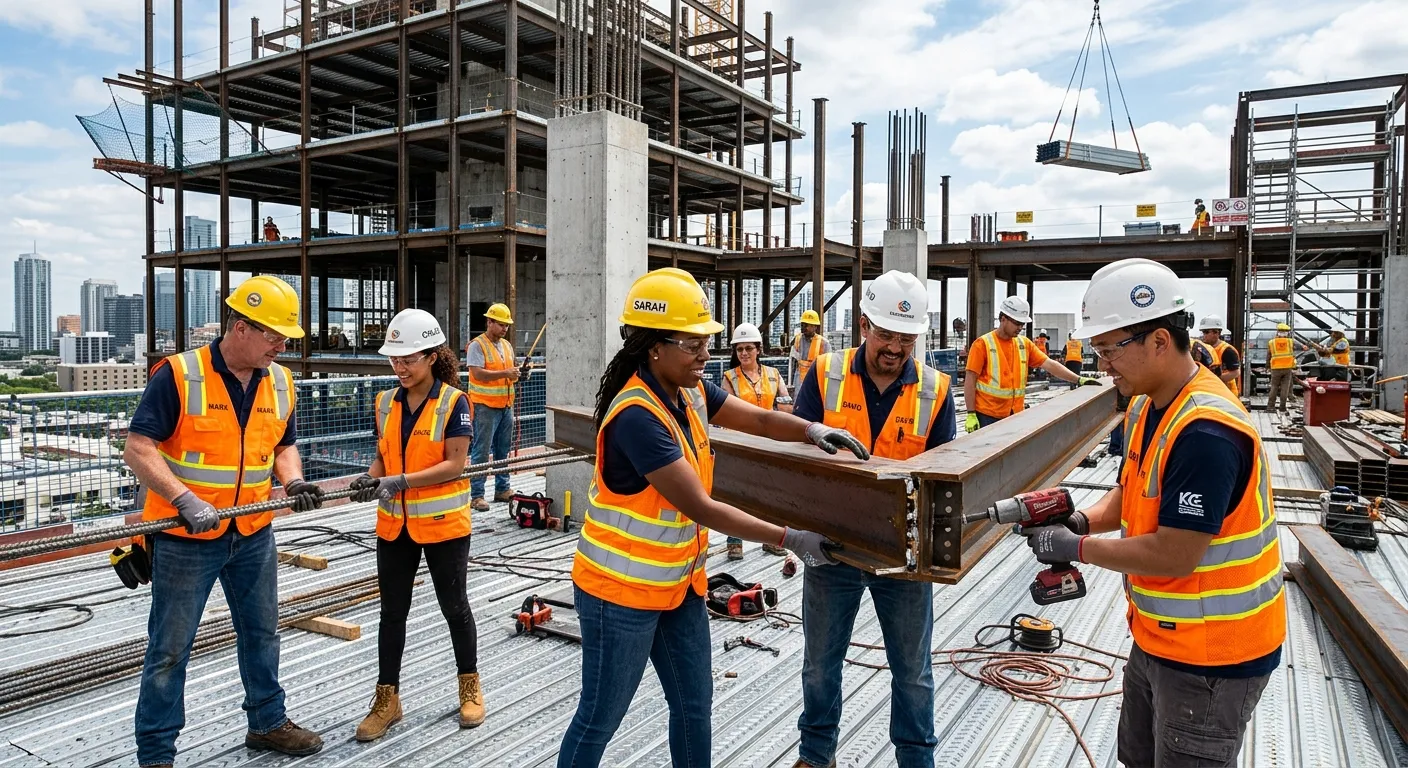 A high-energy, professional shot of a diverse group of construction labourers in high-visibility vests and hard hats, working collaboratively on a modern construction site. The style is bright, sharp, and inspiring, conveying teamwork and industry.