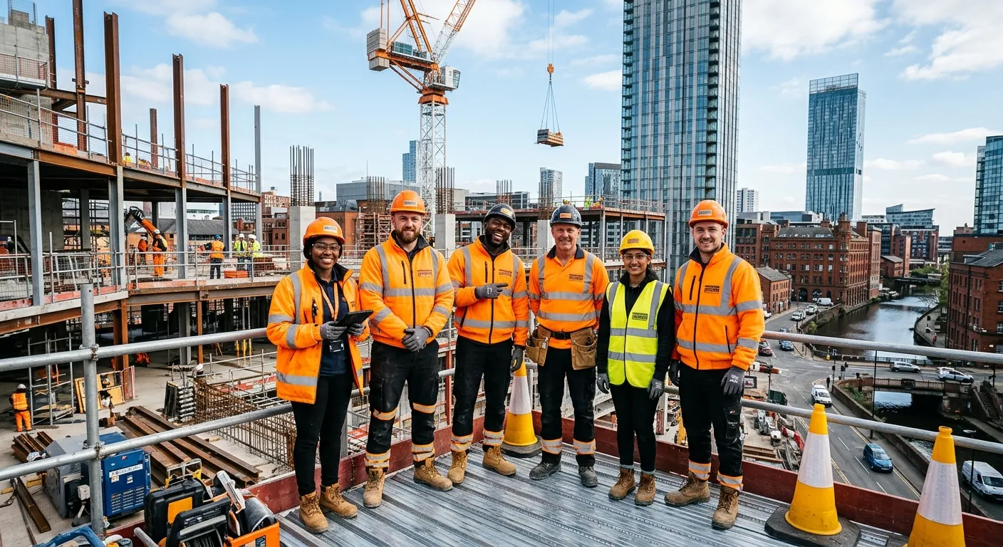 A confident construction crew in high-visibility workwear on a modern Manchester building site, indu... A confident construction crew in high-visibility workwear on a modern Manchester building site, industrial atmosphere, amber safety accents, bright daylight, professional and trustworthy mood
