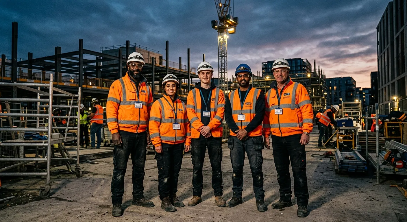 A high-contrast, professional photo of a diverse group of CSCS-card-holding construction labourers in high-vis gear, standing confidently on a modern construction site at dusk. Industrial, professional mood.