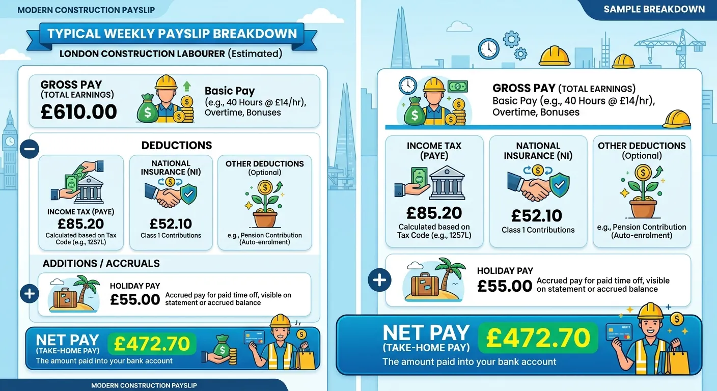 A clear, well-designed infographic showing a breakdown of a typical weekly payslip for a construction labourer in London, with visual icons for gross pay, tax, NI, holiday pay, and net pay.