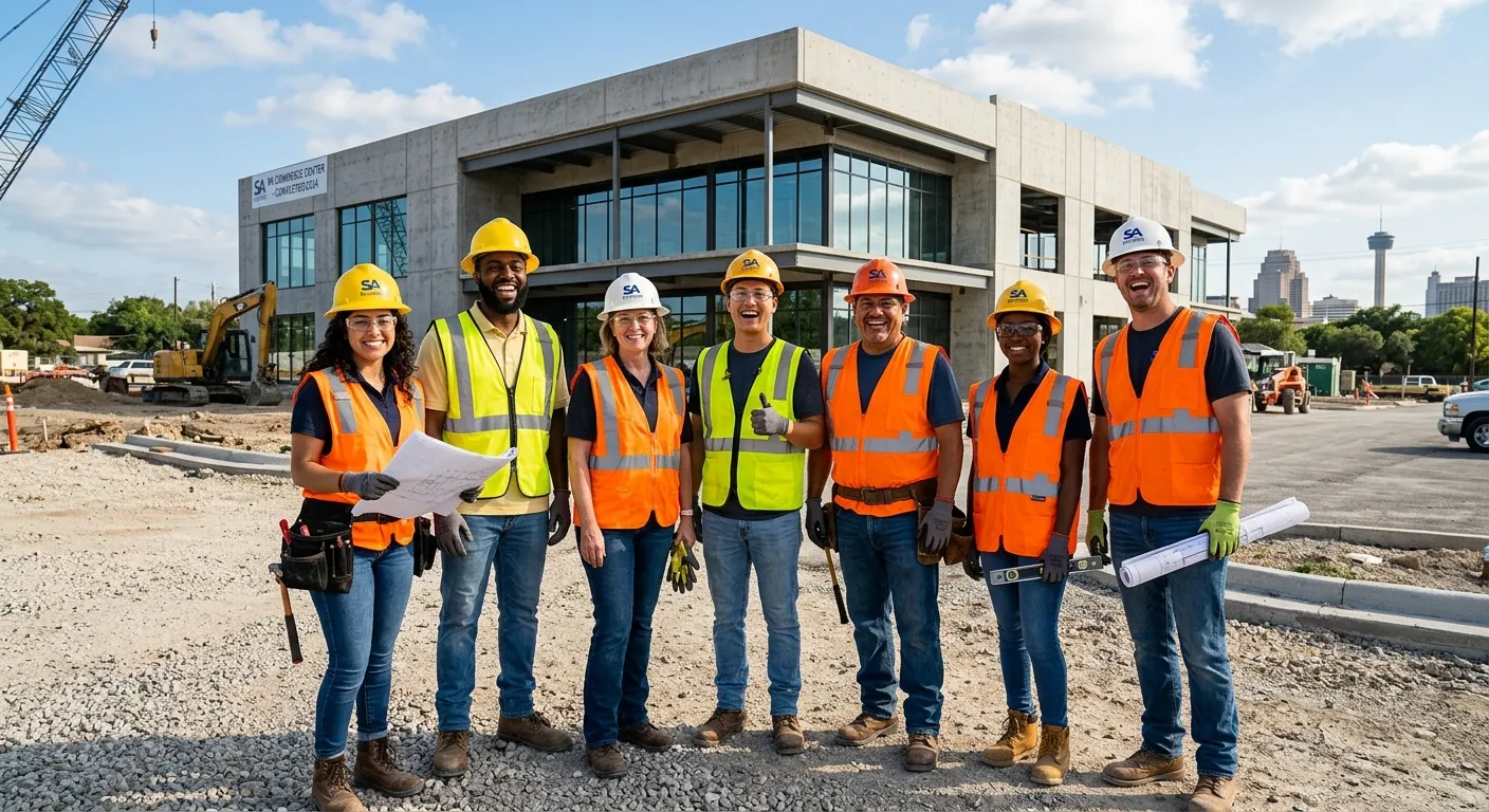 A professional photo of a diverse, smiling construction crew in hard hats and high-vis vests standin... A professional photo of a diverse, smiling construction crew in hard hats and high-vis vests standing in front of a newly finished concrete structure on a commercial site in San Antonio, symbolizing successful team placement.