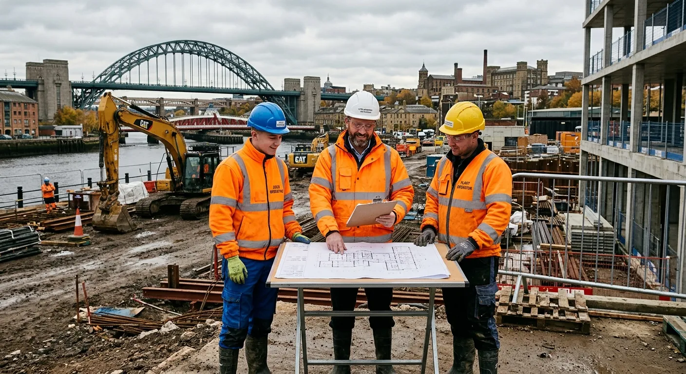 A confident UK site manager / supervisor wearing a white hard hat and high-visibility jacket, standing on a Gateshead NE8 construction site, reviewing plans with a CSCS General Operative and Plant Operator, industrial slate and safety amber tones, realistic professional mood