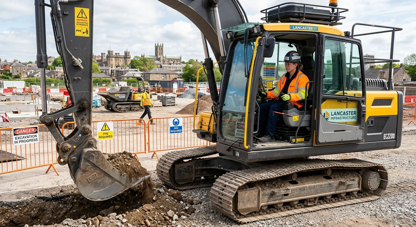 A professional, confident Plant Operator in high-visibility PPE, safely operating a modern excavator on a well-organised construction site in Lancaster. Bright daylight, focus on skill and safety.