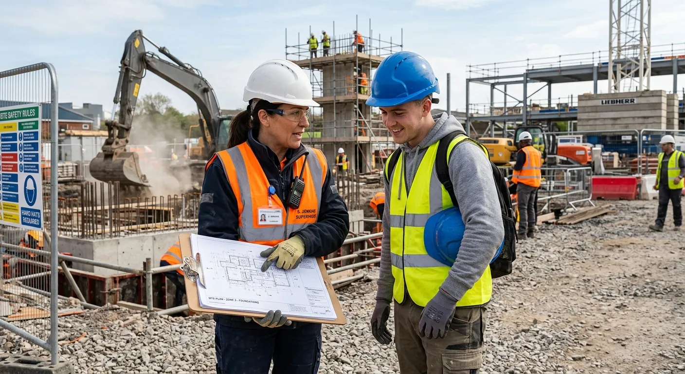 A construction site supervisor in a high-vis vest pointing at a plan on a clipboard with a temporary... A construction site supervisor in a high-vis vest pointing at a plan on a clipboard with a temporary labourer, showing clear onboarding and task delegation in an active site environment.