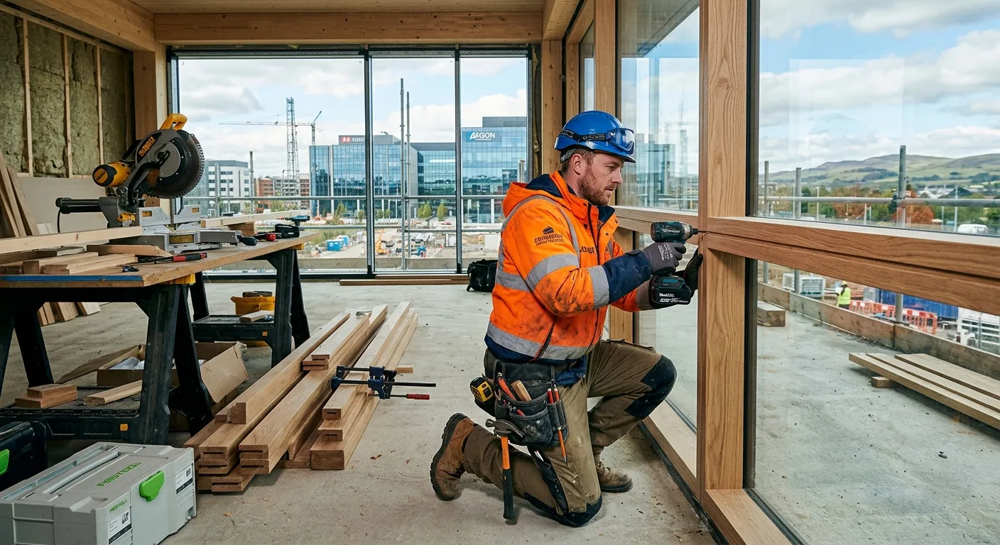 A professional joiner in high-visibility clothing, expertly installing bespoke timber fittings on a modern construction site in Edinburgh Park, with tools and materials visible. Style: Realistic, professional, action-oriented.