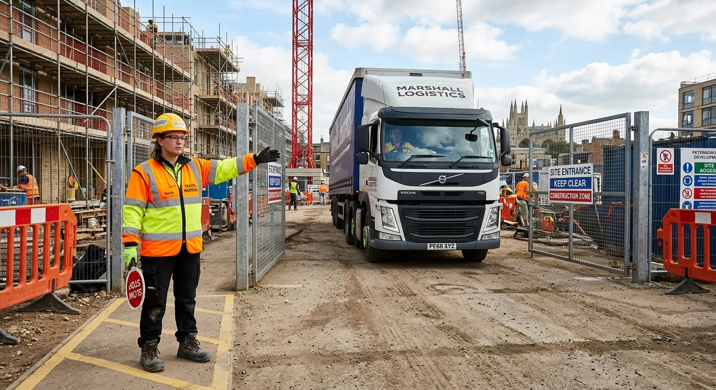 A construction traffic marshal wearing high-visibility clothing and safety boots, directing a delivery truck through a controlled gate on a busy urban building site in Peterborough